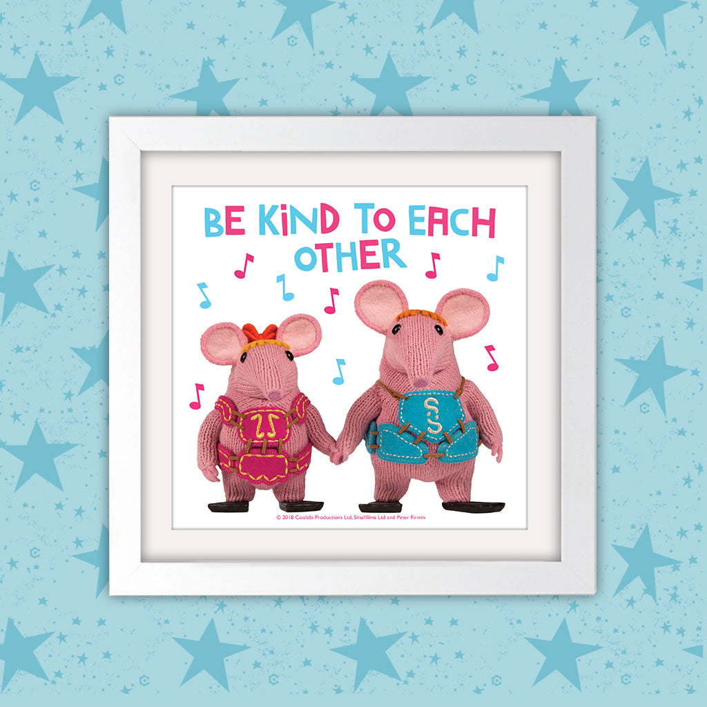 Be Kind Clangers Square White Framed Art Print (Lifestyle)