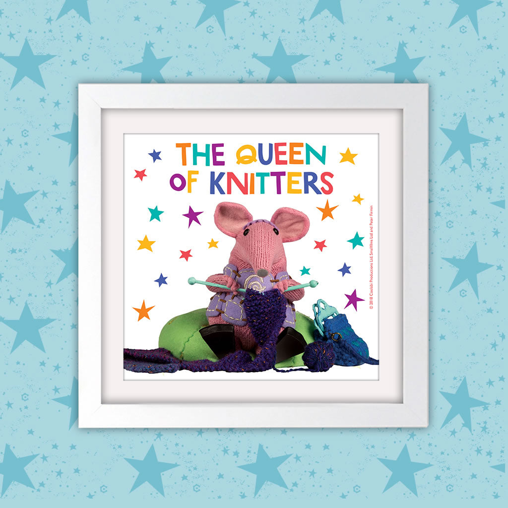 The Queen of Knitters Clangers Square White Framed Art Print (Lifestyle)
